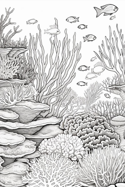 Un disegno in bianco e nero di una barriera corallina con pesci e coralli.