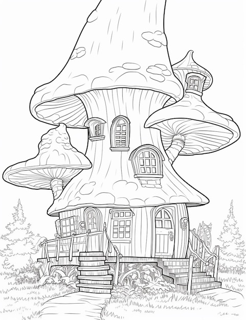 Un disegno in bianco e nero di una casa a fungo con scale generative ai