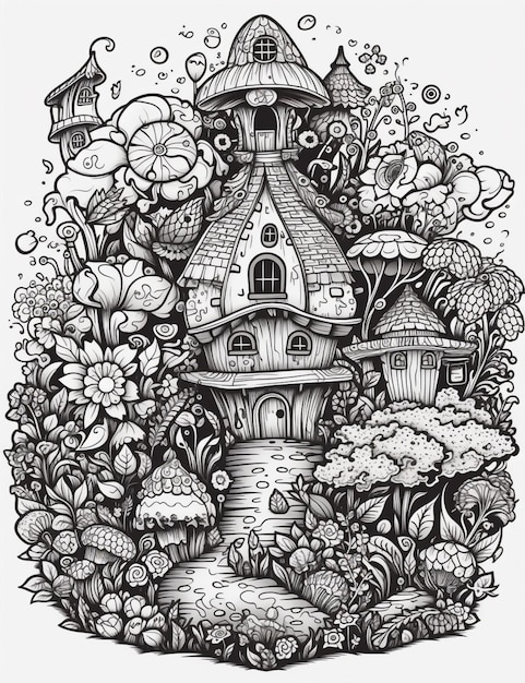 un disegno in bianco e nero di una casa circondata da fiori ai generativi
