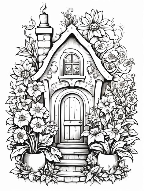 un disegno in bianco e nero di una casa circondata da fiori generativ ai