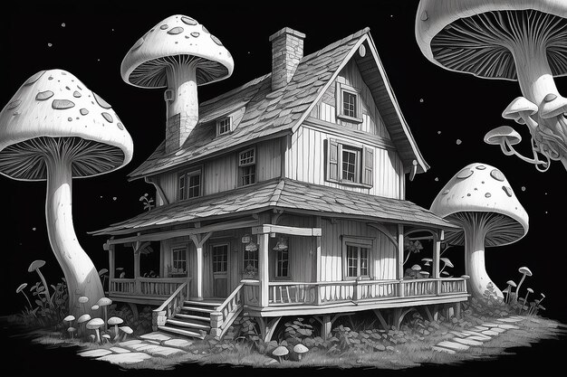 Un disegno in bianco e nero di una casa con funghi sul tetto generativo ai