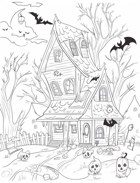 Un disegno in bianco e nero di una casa con pipistrelli e zucche che generano un'intelligenza artificiale