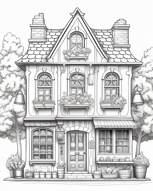un disegno in bianco e nero di una casa con un albero nella parte anteriore generativa ai