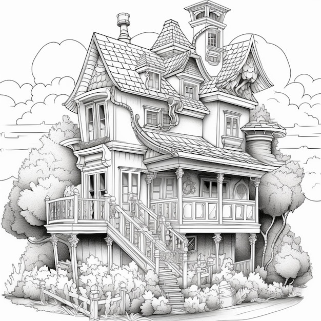 un disegno in bianco e nero di una casa con una scala generativa ai