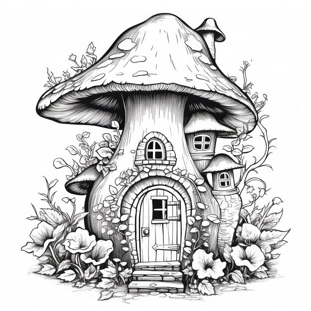 un disegno in bianco e nero di una casa di funghi con un funghi sulla parte anteriore.
