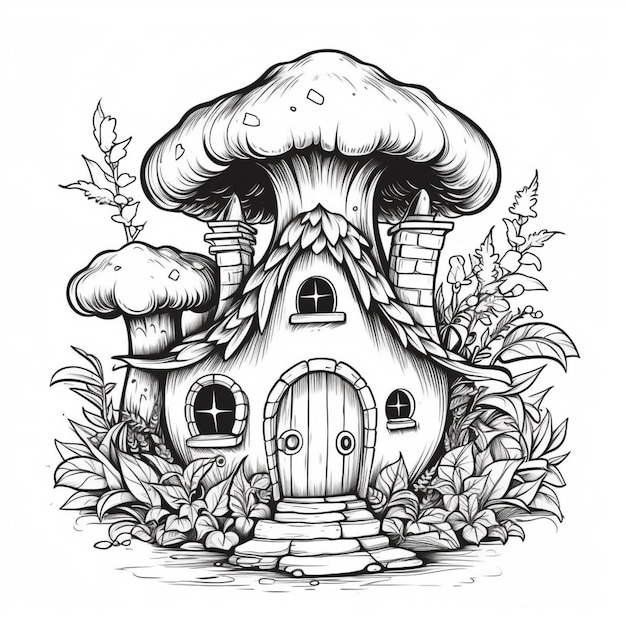 un disegno in bianco e nero di una casa di funghi con una porta generativa ai