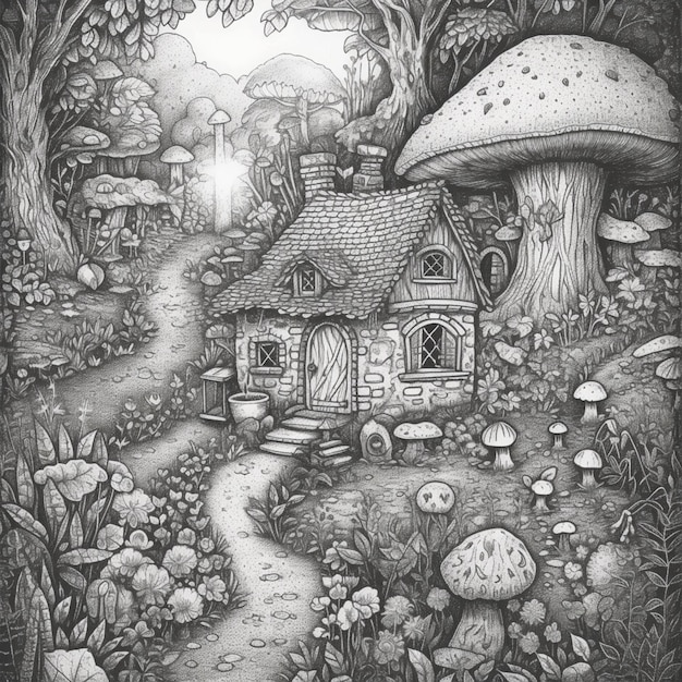 Un disegno in bianco e nero di una casa in una foresta con un sentiero di funghi al centro.