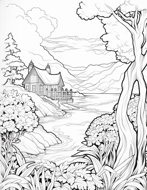 un disegno in bianco e nero di una casa in una foresta generativa ai