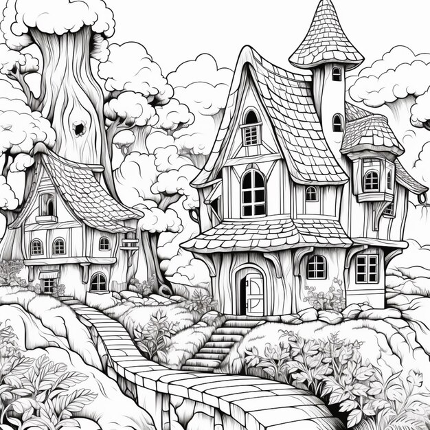 un disegno in bianco e nero di una casa nel bosco ai generativa