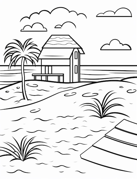 un disegno in bianco e nero di una casa sulla spiaggia con una palma ai generativa