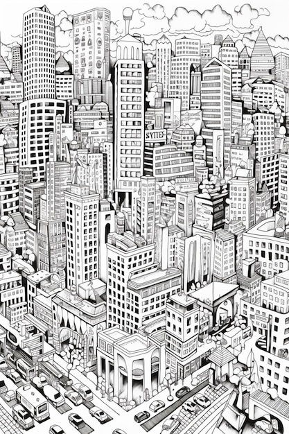 Un disegno in bianco e nero di una città con molti edifici alti generativa ai