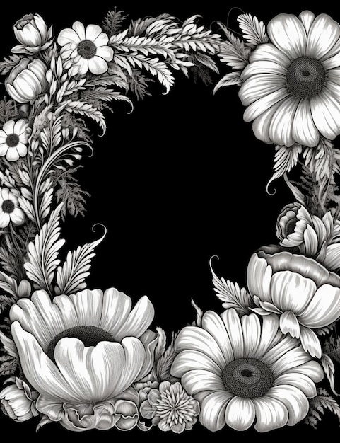 un disegno in bianco e nero di una corona di fiori ai