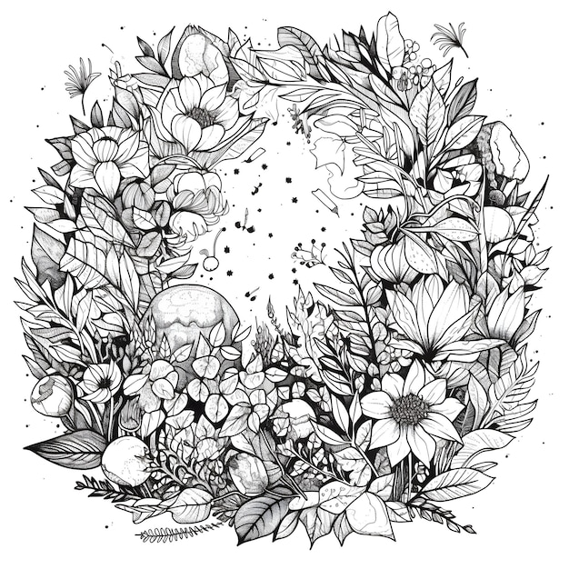 Un disegno in bianco e nero di una corona di fiori e foglie.