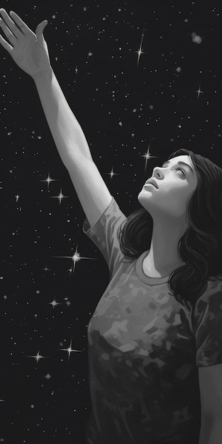 un disegno in bianco e nero di una donna che raggiunge le stelle