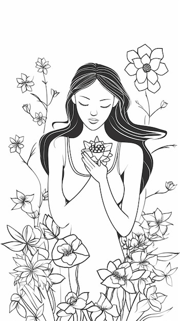 Un disegno in bianco e nero di una donna che tiene un fiore di loto.