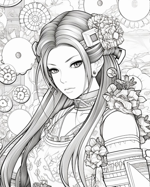 un disegno in bianco e nero di una donna con i capelli lunghi ai generativa