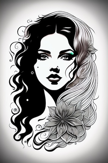 Un disegno in bianco e nero di una donna con i capelli lunghi e un fiore sul viso.
