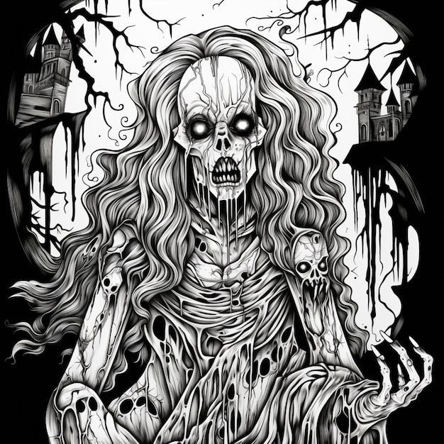 un disegno in bianco e nero di una donna con i capelli lunghi e un volto scheletrico generativo ai