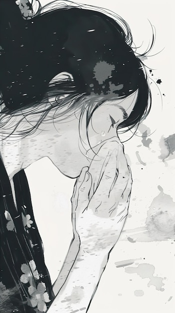un disegno in bianco e nero di una donna con i capelli lunghi