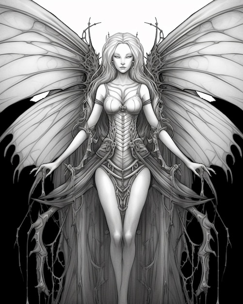 Un disegno in bianco e nero di una donna con le ali generative ai