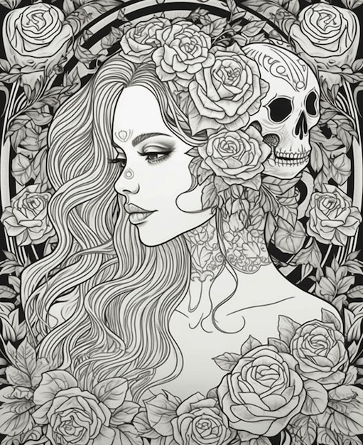 Un disegno in bianco e nero di una donna con rose intorno alla testa.