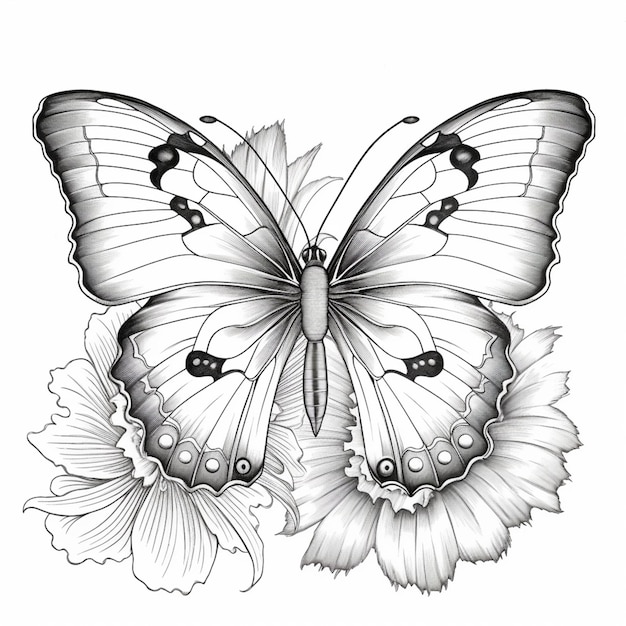 Un disegno in bianco e nero di una farfalla con fiori generativa ai