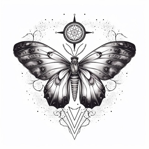 Un disegno in bianco e nero di una farfalla con una bussola su di essa ai generativa