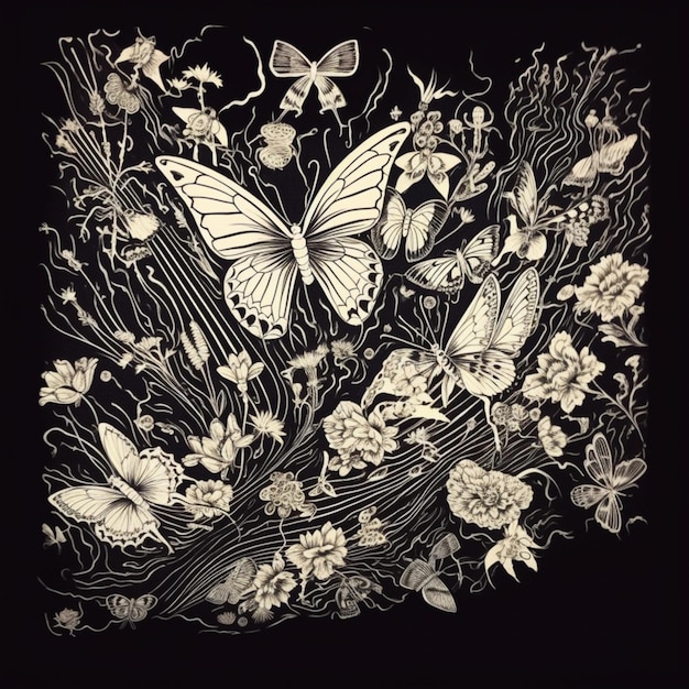 Un disegno in bianco e nero di una farfalla e fiori generativi ai