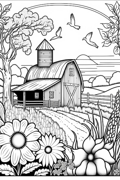 un disegno in bianco e nero di una fattoria con un fienile e fiori generativi ai