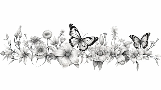 un disegno in bianco e nero di una fila di fiori e farfalle nello stile iperrealistico
