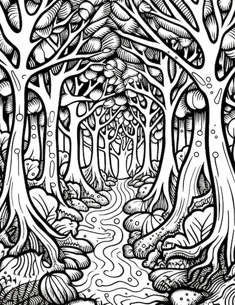 un disegno in bianco e nero di una foresta con alberi e acqua generativa ai