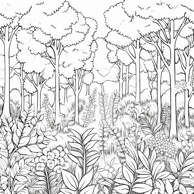 un disegno in bianco e nero di una foresta con alberi e fiori ai generativa