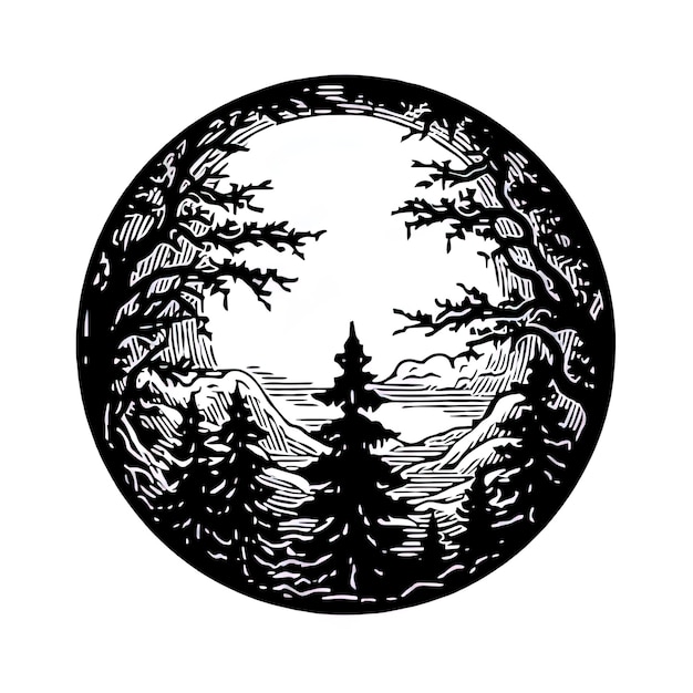 un disegno in bianco e nero di una foresta con alberi e montagne