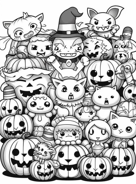 un disegno in bianco e nero di una grande pila di personaggi di Halloween generativ ai