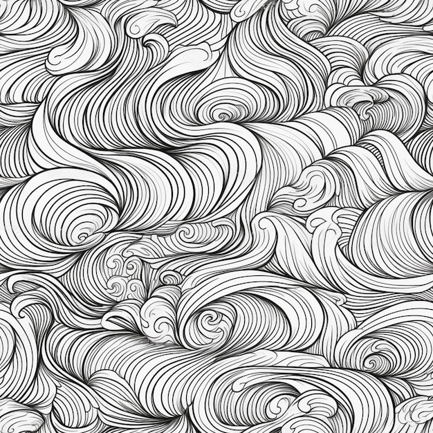Un disegno in bianco e nero di una grande quantità di onde ondulate generative ai