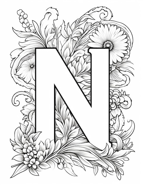 un disegno in bianco e nero di una lettera n con fiori generativi ai