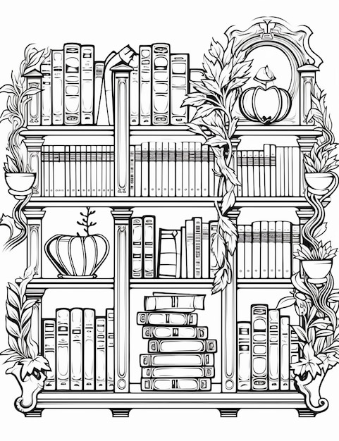 un disegno in bianco e nero di una libreria con libri e una corona generativ ai