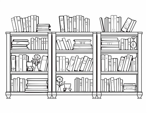 un disegno in bianco e nero di una libreria con libri generativi ai