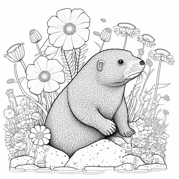 Un disegno in bianco e nero di una marmotta seduta su una roccia circondata da fiori generativi ai