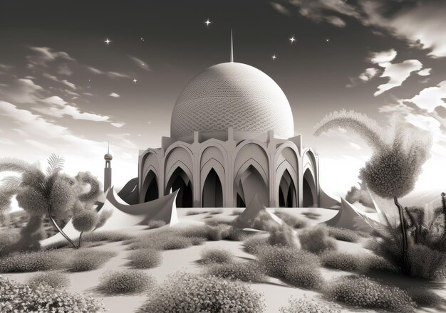 Un disegno in bianco e nero di una moschea con una palma sullo sfondo.