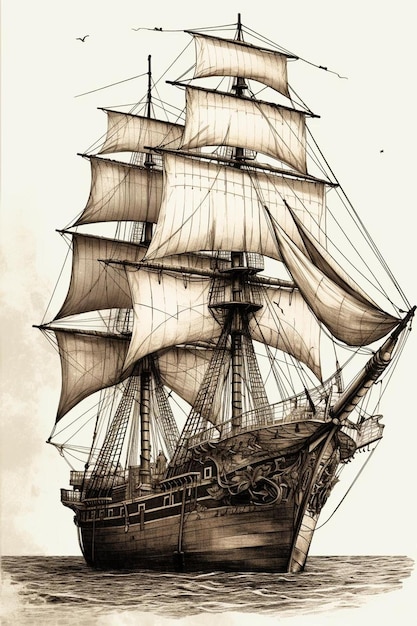 Un disegno in bianco e nero di una nave con una vela bianca.