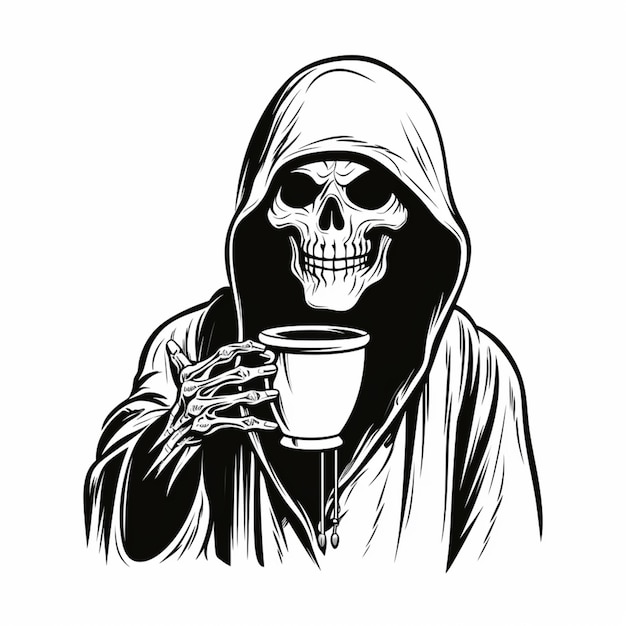 un disegno in bianco e nero di una persona con un cappuccio e una tazza di caffè generativo ai