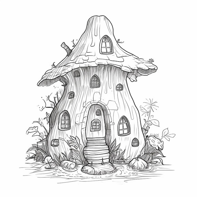 Un disegno in bianco e nero di una piccola casa con una porta generativa ai