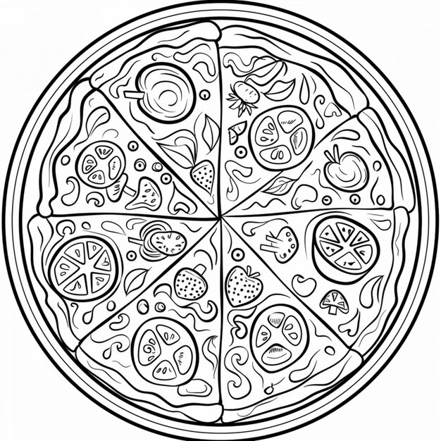 un disegno in bianco e nero di una pizza con un disegno di una pizza