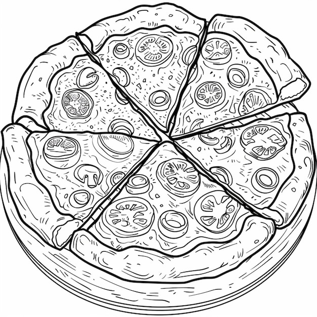 un disegno in bianco e nero di una pizza con un pezzo di pizza su di essa