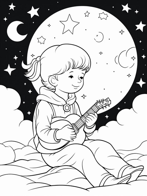 un disegno in bianco e nero di una ragazza che suona la chitarra generativ ai