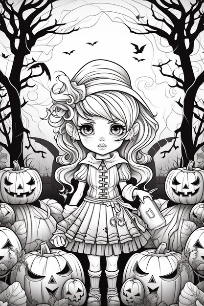 un disegno in bianco e nero di una ragazza circondata da zucche ai generative