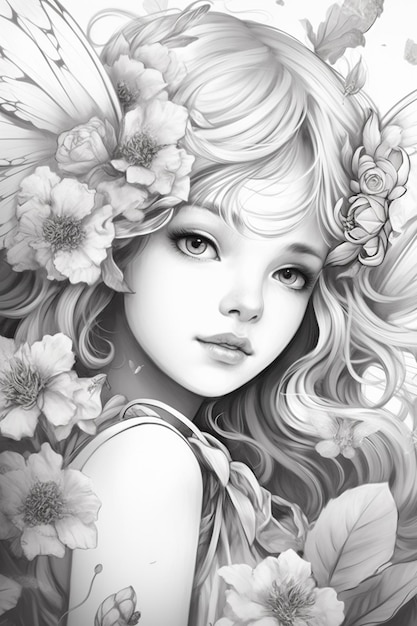 un disegno in bianco e nero di una ragazza con dei fiori nei capelli