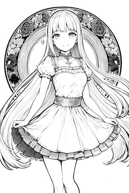 Un disegno in bianco e nero di una ragazza con i capelli lunghi e un fiore sul fondo.