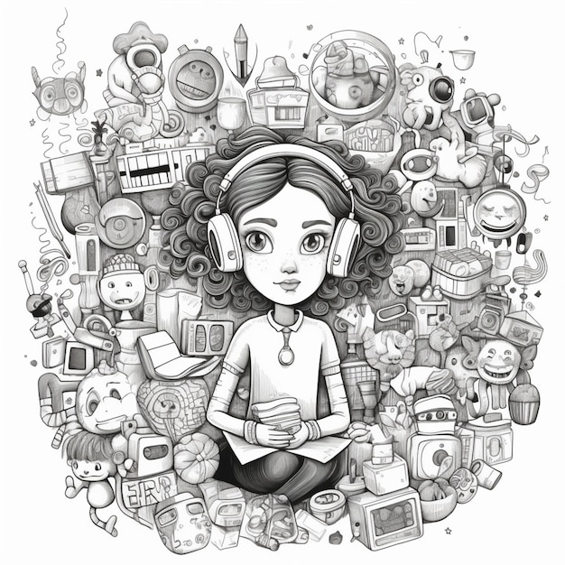 un disegno in bianco e nero di una ragazza con le cuffie seduta di fronte a una pila di giocattoli generativa ai